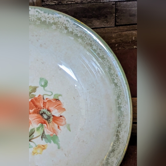 Antique Porcelain Bowl With Orange Poppies & Green Border - Picture 8 of 15
